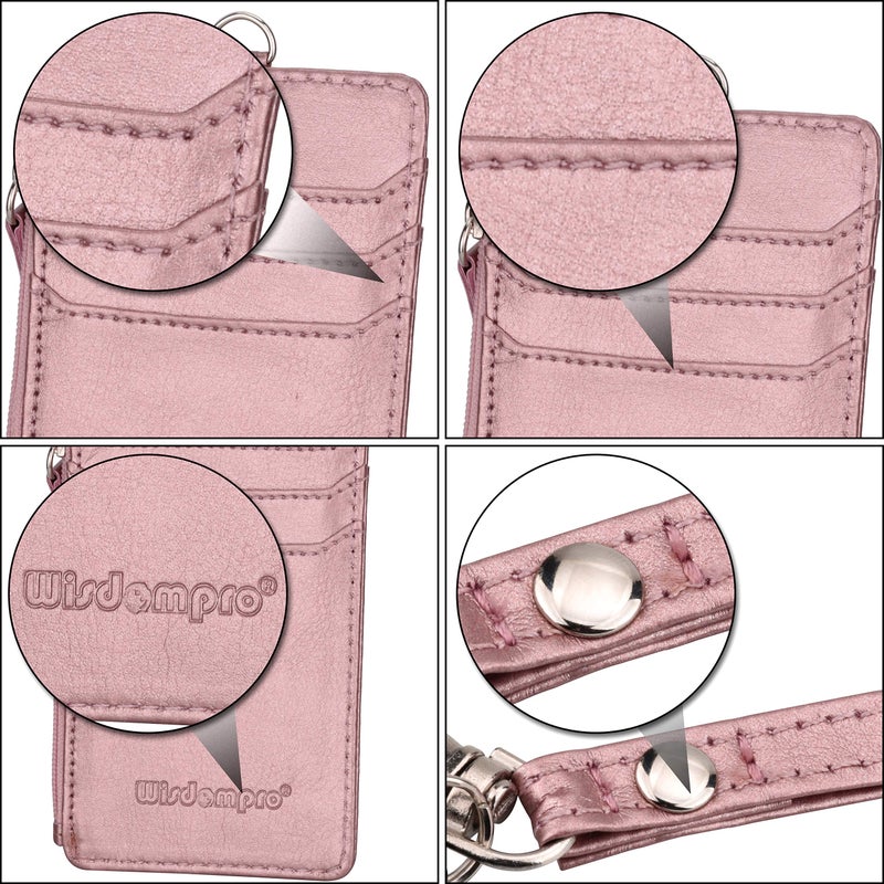 Wisdompro Badge Holder with Zip, Wisdompro Double Sided PU Leather ID Badge Card Holder Wallet Case with 5 Card Slots, 1 Side Zipper Pocket and 20 Inch Leather Neck Lanyard/Strap - Rose Gold (Vertical) - Image 5